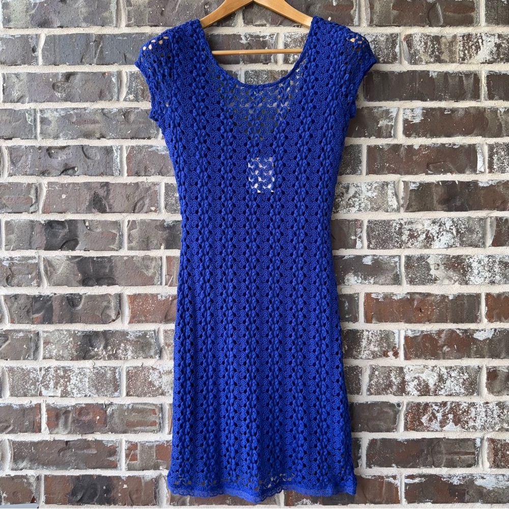 NWT Free People Blue Crochet Lace Dress Size S Boho Open Knit Mini Lined